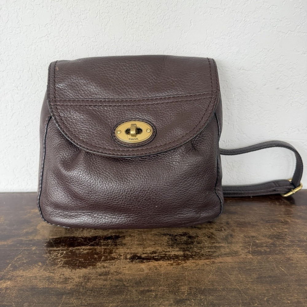 Vintage Y2K Fossil Brown Leather Crossbody Bag‎ Turn Lock Flap Purse Adjustable